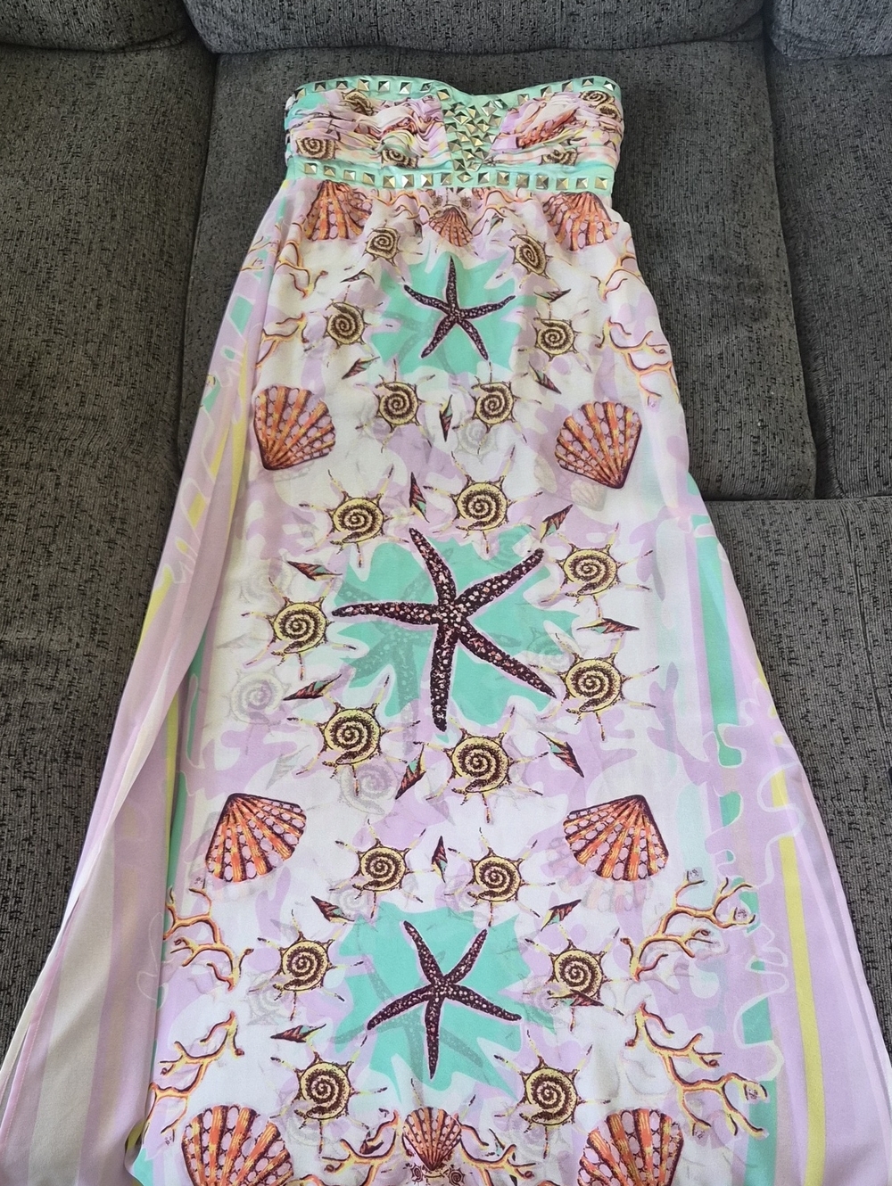 Women Strapless Sea Life Print Sundress in Mint & Pink